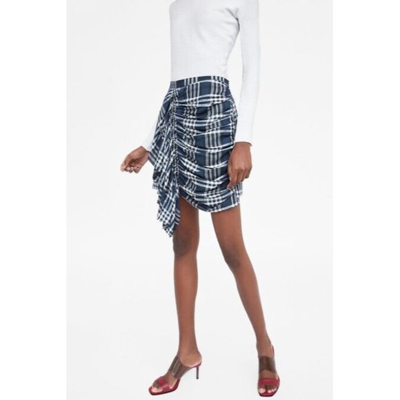 Zara Skirt Plaid Asymmetrical Ruffle Linen Blend Mini Blue White - Picture 1 of 12